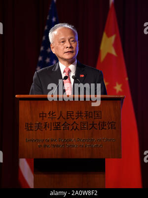 Washington, DC, USA. 19th Sep, 2019. Chinese Ambassador to the United States Cui Tiankai delivers a speech during a reception to celebrate the upcoming 70th anniversary of the founding of the People's Republic of China (PRC) in Washington, DC, the United States, Sept. 19, 2019. Credit: Liu Jie/Xinhua/Alamy Live News Stock Photo
