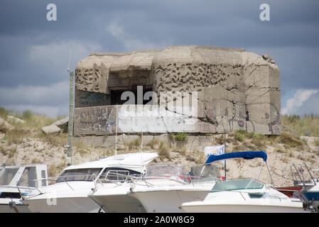 Pill box, or gun implacement, one of many concrete bunkers built by the Germans to defend the coast line of France from allied invasion Stock Photo