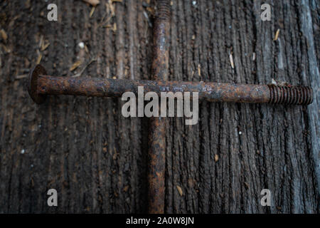 The very old rusty screws on the wood floor Stock Photo