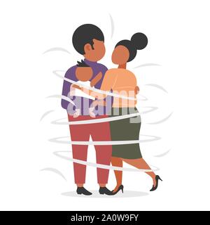 fat obese family standing together african american parents and child embracing overweight man woman with son having fun flat full length Stock Vector