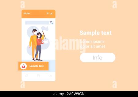 protesters in face masks holding blank flag and placard activists man woman protesting against air nature pollution demonstration concept smartphone Stock Vector