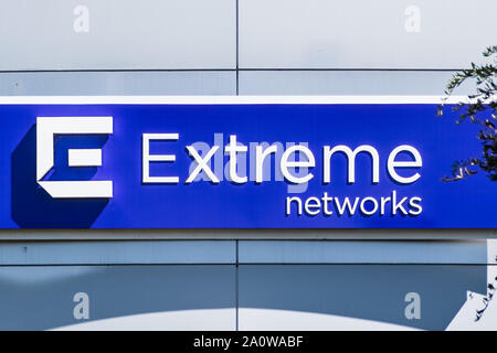 Sep 19, 2019 San Jose / CA / USA - Extreme Networks logo at their headquarters in Silicon Valley; Extreme Networks manufactures wired and wireless net Stock Photo