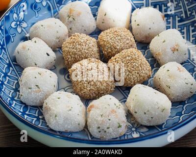 Korean traditional food Glutinous rice cake and Sweet pumpkin  sikhye, Pumpkin beverage Stock Photo