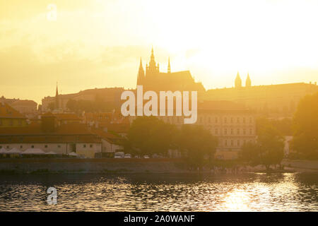 View over Prague city on the sunset. St. Vita Cafedral Stock Photo