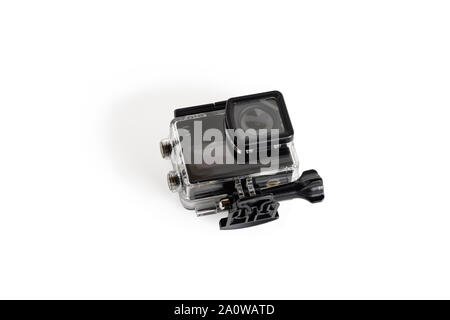 Compact photo camera in the underwater box.Isolated on white background. Stock Photo