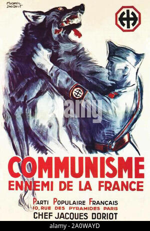 French wartime poster showing the struggle between the soldier and the wolf here the wolf is like the communist Stock Photo