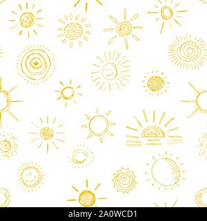 Seamless pattern of sun symbols hand drawn  in cartoon style. Vector illustration of isolated sun icons on a white background. Stock Vector