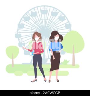 women in face masks using smartphones drinking water toxic air pollution industry smog polluted environment concept girls couple standing outdoor Stock Vector