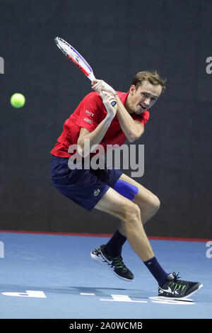 St.Petersburg, Russia. 21st Sep, 2019. Daniil Medvedev of Russia returns the ball during the semifinal match against Egor Gerasimov of Belarus at St. Petersburg Open ATP tennis tour in St. Petersburg, Russia, Sept. 21, 2019. Credit: Irina Motina/Xinhua/Alamy Live News Stock Photo