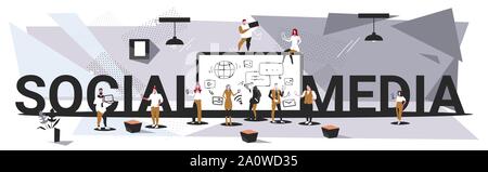 businesspeople group using tablet computer app social media communication concept business people discussing during meeting full length sketch Stock Vector