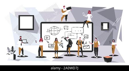 businesspeople group using tablet computer app social media communication digital addiction concept business people discussing during meeting modern Stock Vector