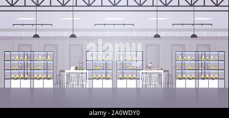 empty no people chemical research laboratory with different equipment scientist workplace science education chemistry concept modern lab interior flat Stock Vector