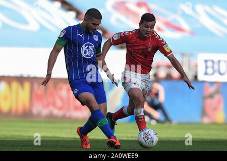 21st September 2019, DW Stadium, Wigan, England; Sky Bet Championship Football, Wigan Athletic vs Charlton Athletic ; Sam Morsy (5) of Wigan Athletic and Josh Cullen (24) of Charlton Athletic contest the ball   Credit: Richard Long/News Images  English Football League images are subject to DataCo Licence Stock Photo