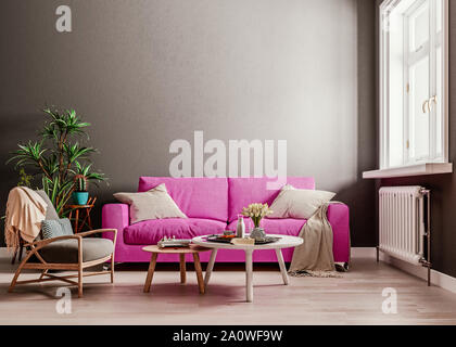 Dark mock up wall with violet purple sofa, two tables and a chair in modern interior background, living room with large window an radiator, Scandinavi Stock Photo