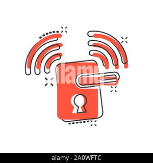 Wireless door lock sign icon in comic style. Smart home vector cartoon illustration on white isolated background. Remote system business concept splas Stock Vector