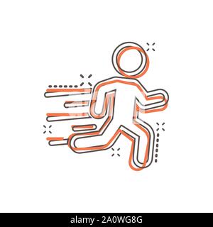 Running people sign icon in comic style. Run silhouette vector cartoon illustration on white isolated background. Motion jogging business concept spla Stock Vector