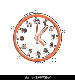 Clock sign icon in comic style. Time management vector cartoon illustration on white isolated background. Timer business concept splash effect. Stock Vector