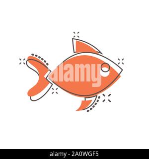 Fish sign icon in comic style. Goldfish vector cartoon illustration on white isolated background. Seafood business concept splash effect. Stock Vector