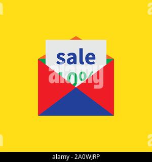 Open multi-colored envelope. Discount on paper sheet is in envelope. Vector illustration EPS10 on yellow background. Modern flat minimal style. Graphi Stock Vector