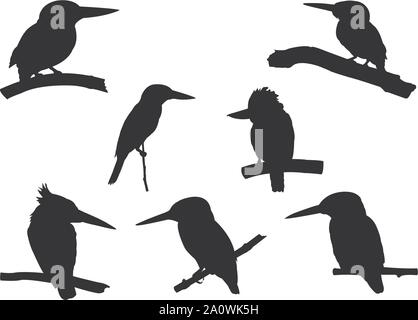 Collection of Kingfisher Bird on tree branch Silhouettes. Vector illustration isolated on white Stock Vector