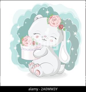 the lovely white honey bunny, rabbit, with gift box. The picture in hand drawing style, can be used for party invitation, greeting card, t-shirt print Stock Vector