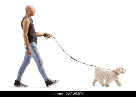 Full length profile shot of a hipster man walking a small white dog isolated on white background Stock Photo