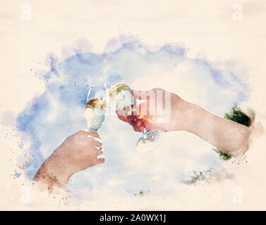 Watercolor painting of two people clinking glasses with white wine, champagne or cava Stock Photo