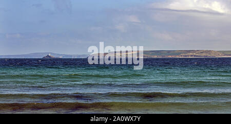 The Godrevy Lighthouse off the north Cornwall coast seen over St Ives Bay Stock Photo