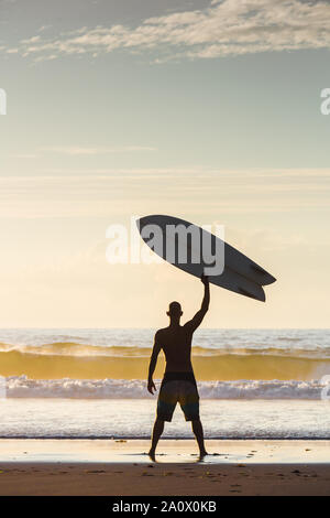 Surfer on the beach rising is surfboerd Stock Photo