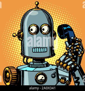 scared funny robot talking on a retro phone. Pop art retro vector illustration drawing Stock Vector