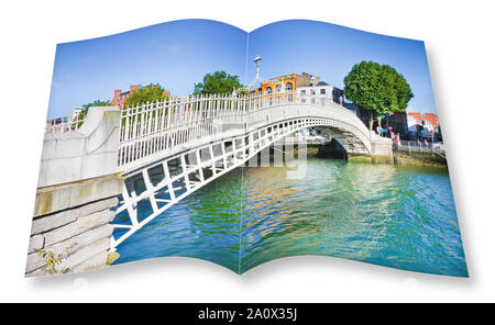 The most famous bridge in Dublin called 'Half penny bridge' due to the toll charged for the passage - 3D render opened photo book isolated on white ba Stock Photo