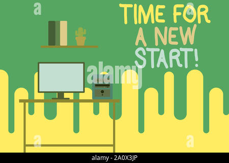 Writing note showing Time For A New Start. Business concept for something is supposed to begin right now Fresh job Desktop computer with wooden table Stock Photo