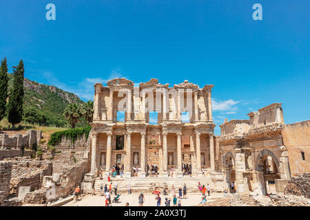 Facade of the Library of Celsus, an ancient Roman building in Ephesus, Anatolia, a popular tourist attraction. Stock Photo