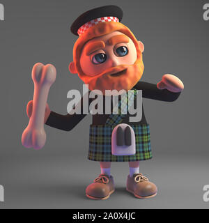 3d cartoon Scottish man in kilt throwing a bone, 3d illustration render Stock Photo