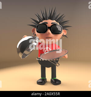 3d punk rock cartoon character standing next to a blank crossroads sign ...