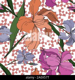 Vector Iris floral botanical flowers. Wild spring leaf wildflower isolated. Black and white engraved ink art. Seamless background pattern. Fabric wall Stock Vector