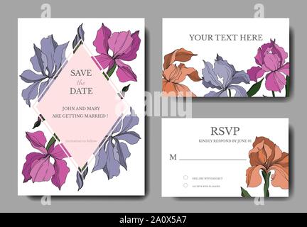 Vector Iris floral botanical flowers. Black and white engraved ink art. Wedding background card floral decorative border. Thank you, rsvp, invitation Stock Vector