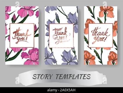 Vector Iris floral botanical flowers. Black and white engraved ink art. Wedding background card floral decorative border. Thank you, rsvp, invitation Stock Vector