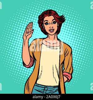 young woman gesture Hello. Pop art retro vector illustration drawing vintage kitsch Stock Vector