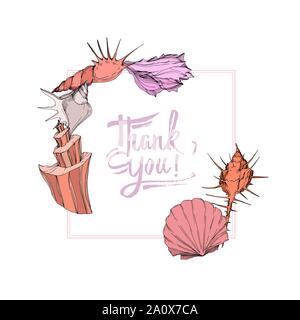 Vector Summer beach seashell tropical elements. Engraved ink art. Frame border ornament square on white background. Stock Vector
