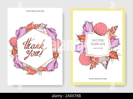 Vector Summer beach seashell tropical elements. Engraved ink art. Wedding background card decorative border. Thank you, rsvp, invitation elegant card Stock Vector