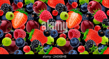 Falling berries seamless pattern isolated on black background Stock Photo