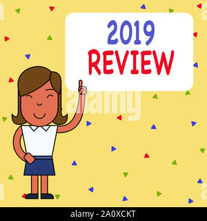 Word writing text 2019 Review. Business photo showcasing New trends and prospects in tourism or services for 2019 Woman Standing with Raised Left Inde Stock Photo