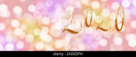 Golden 2020 numbers hanging on panoramic holiday lights background with copy space Stock Photo