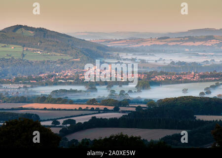 Morning mist over Ludlow and the Teme Valley, seen from Knowbury, near Ludlow, Shropshire Stock Photo