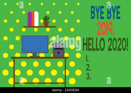 Conceptual hand writing showing Bye Bye 2019 Hello 2020. Concept meaning saying goodbye to last year and welcoming another good one Desktop computer w Stock Photo