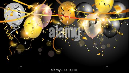 Color holiday white, gold and black balloons. Holiday balloons and confetti on dark background. Anniversary, celebration or party luxury banner. Stock Vector