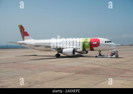 Tenerife, Spain, August 2019: Airplane  of the Airline Company TAP Air Portugal on airport runway Stock Photo