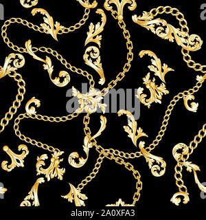 Golden baroque elements flourishes and chains on black background. Dark seamless pattern Stock Vector