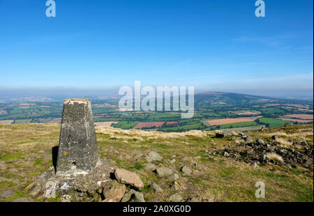 Looking towards Brown Clee Hill from the summit trig point on Titterstone Clee Hill, near Ludlow, Shropshire Stock Photo